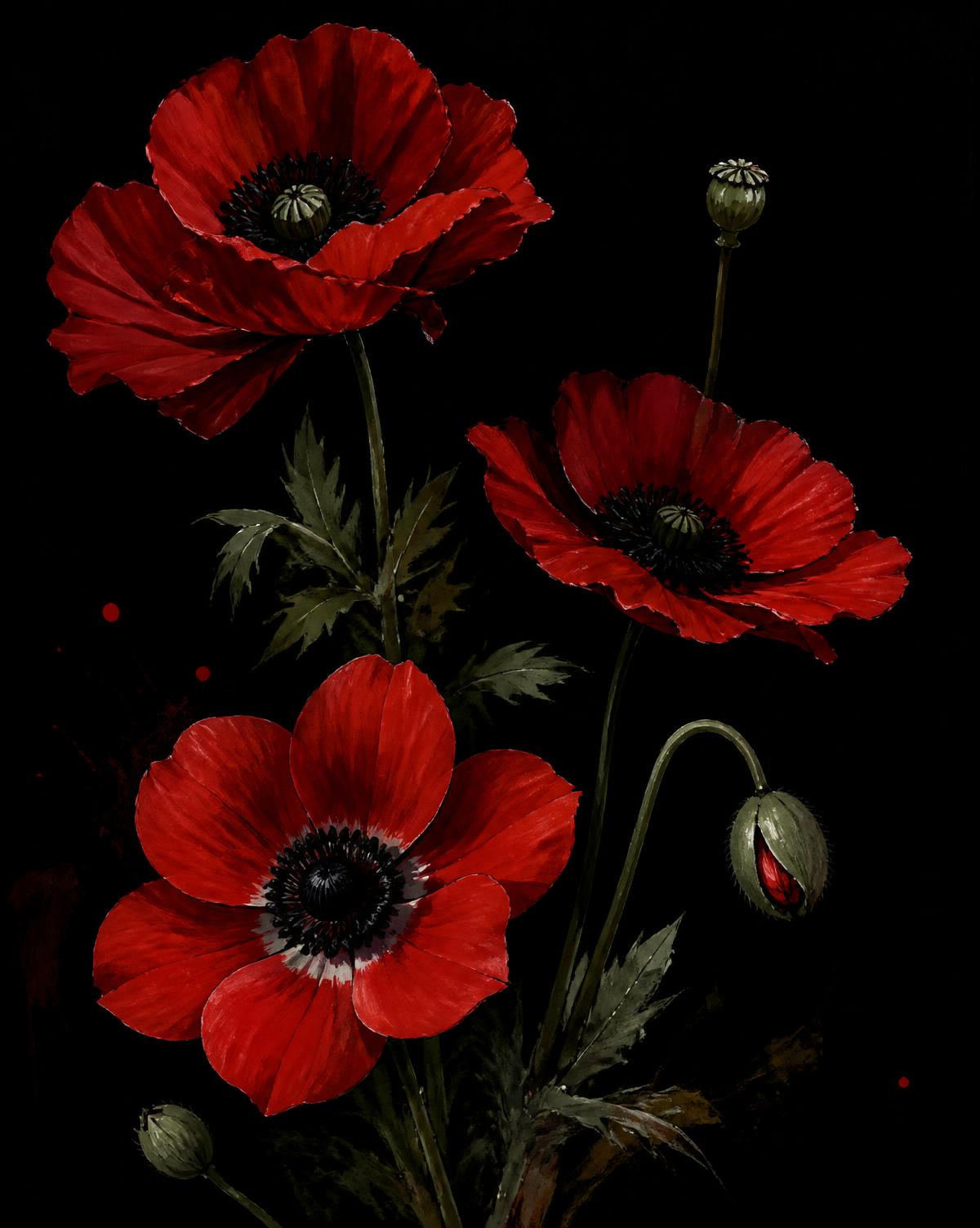 Coquelicots rouges peints sur fond noir, emblème de The Art Club Paris