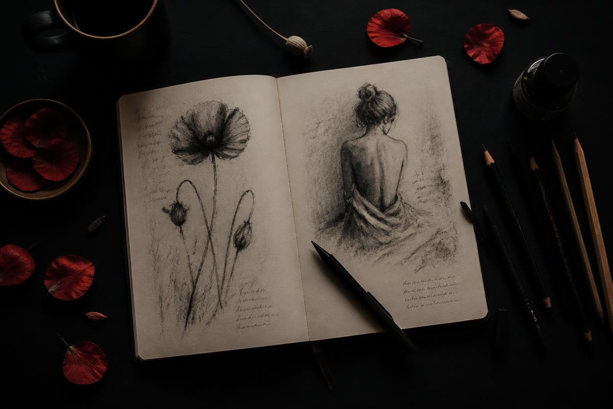 Carnet de croquis ouvert avec crayons et pétales de coquelicot sur une table noire